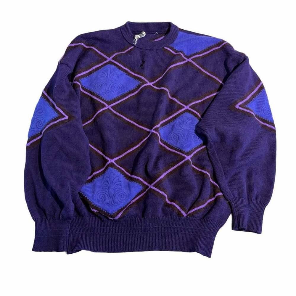 Gianni Versace Argyle Knit Sweater Purple